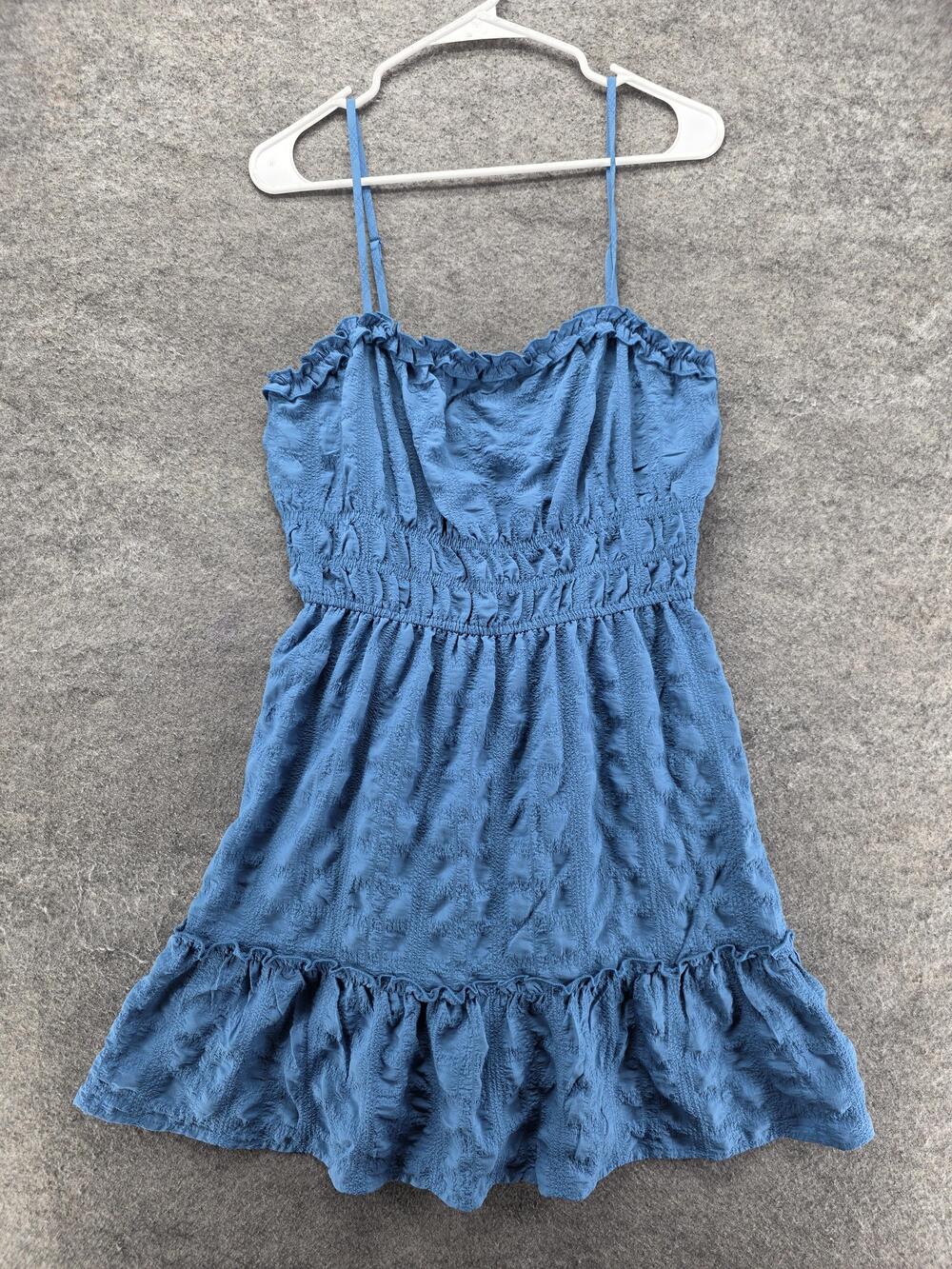 June & Hudson Dress Womens L Blue Sundress Smocked Ruffle Square Neck Polyester